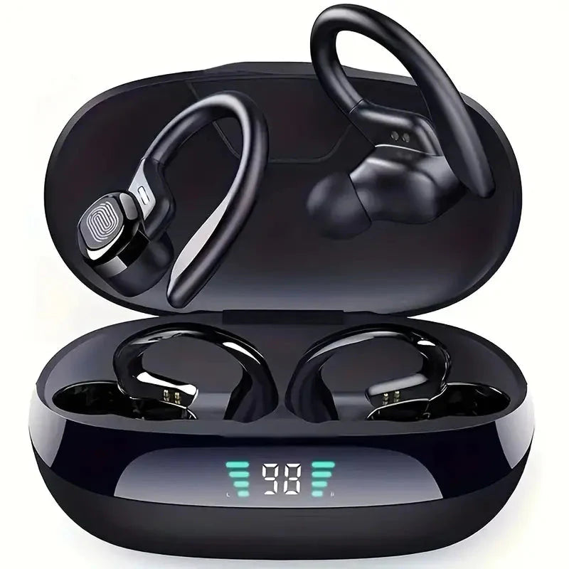 In-Ear Headphones With Noise Cancelling Mic, Sport Earhook & LED Display Black In-Ear Headphones - Tophatter Daily Deals